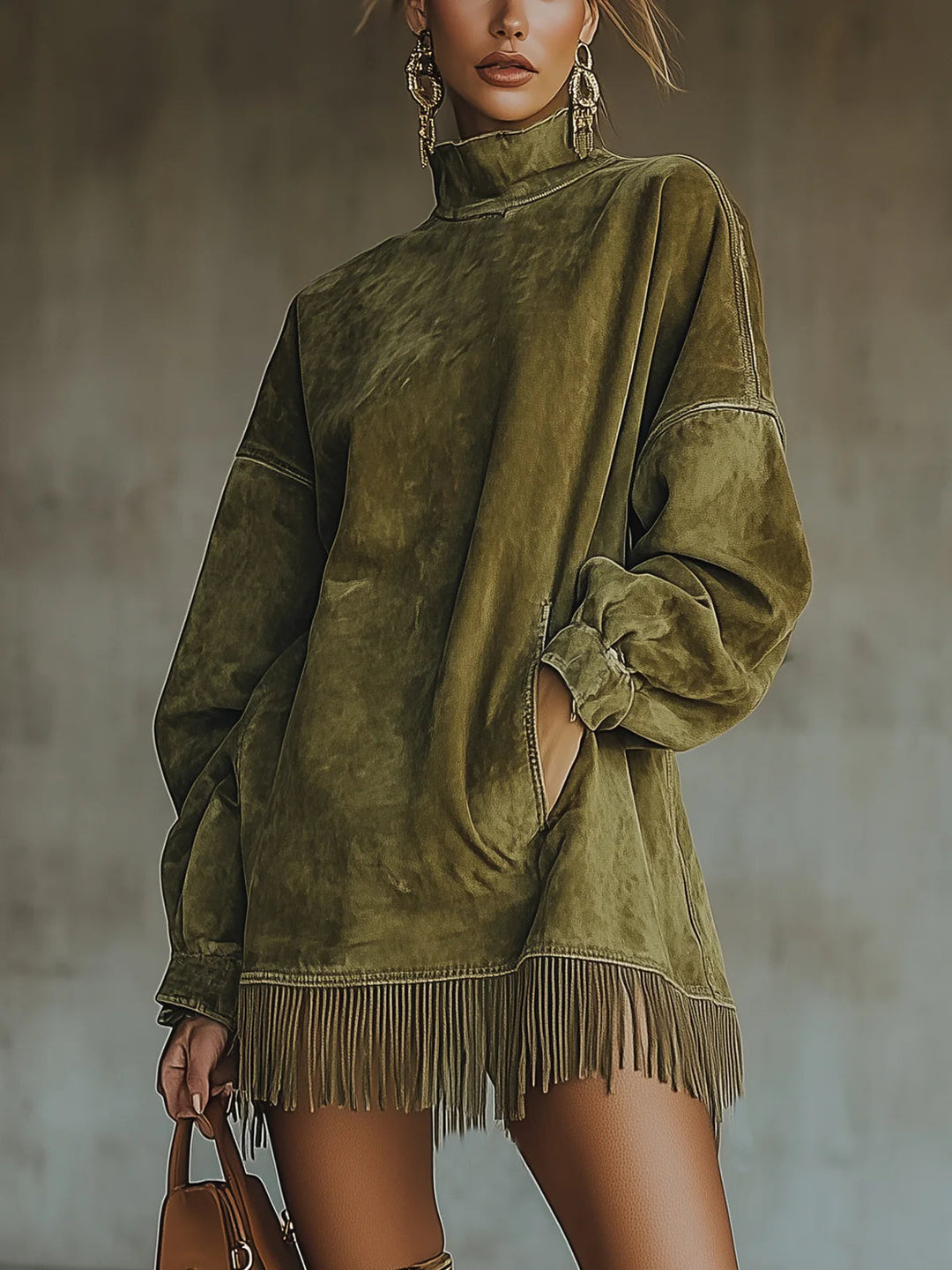 Amalia | High Collar Dress with Fringe