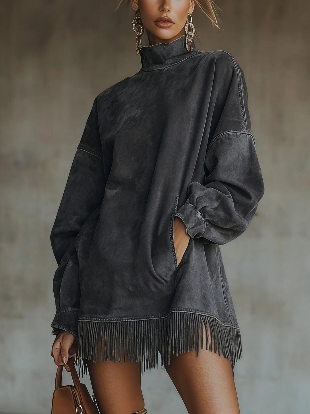 Amalia | High Collar Dress with Fringe