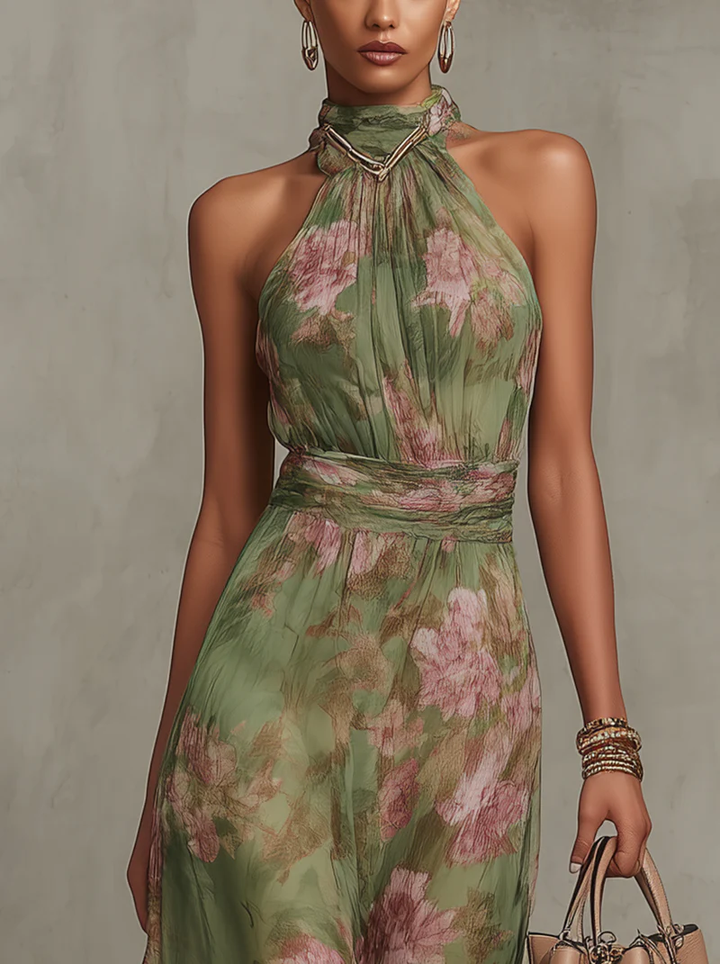 Serena | Green Floral Maxi Dress with Halter Neck