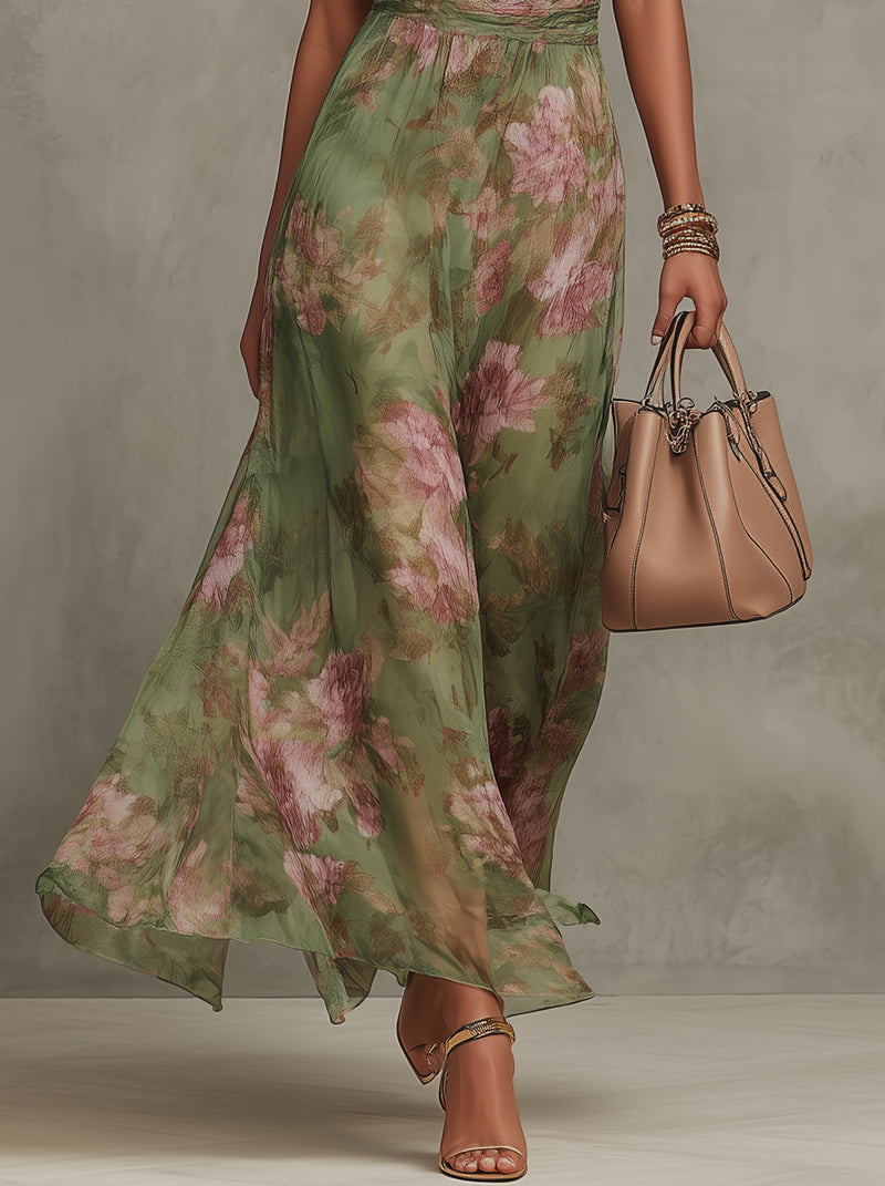 Serena | Green Floral Maxi Dress with Halter Neck