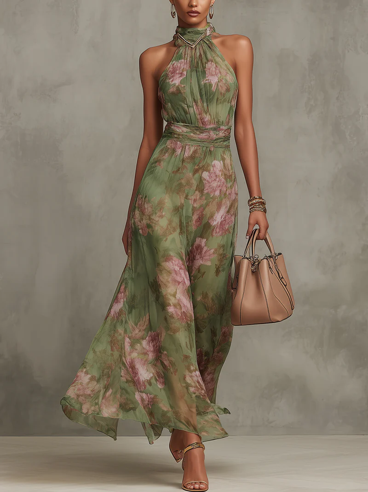Serena | Green Floral Maxi Dress with Halter Neck