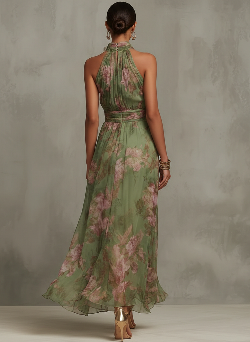 Serena | Green Floral Maxi Dress with Halter Neck