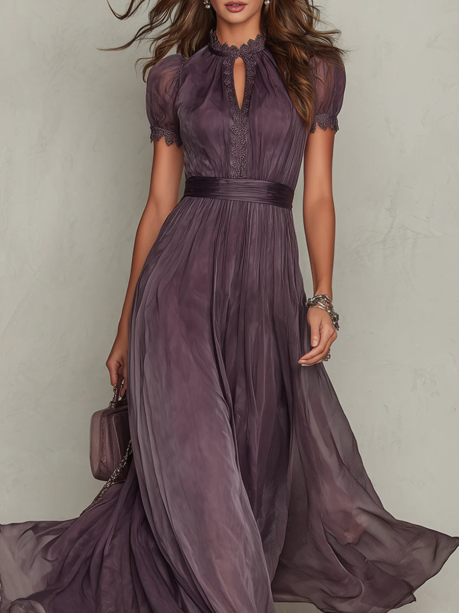 Flavia - Long Purple Dress with Drop Neckline and Chiffon Lace Trim