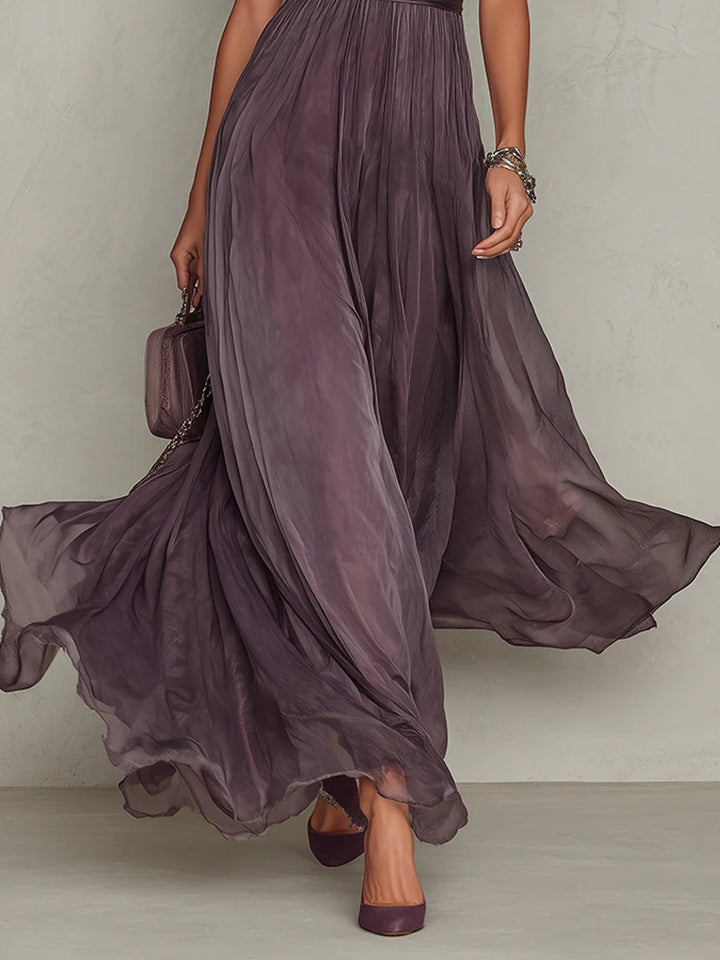 Flavia - Long Purple Dress with Drop Neckline and Chiffon Lace Trim