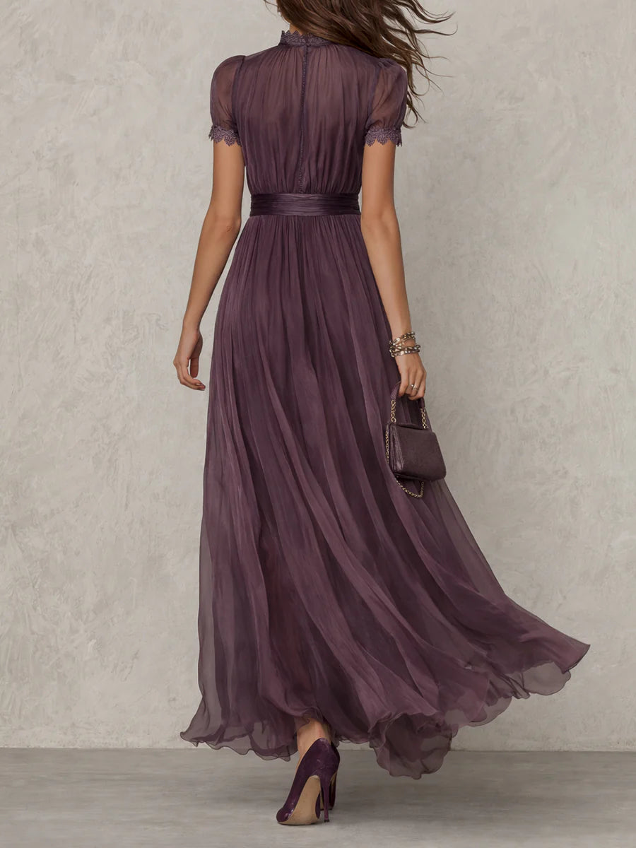 Flavia - Long Purple Dress with Drop Neckline and Chiffon Lace Trim