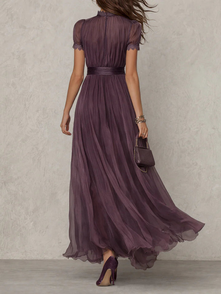Flavia - Long Purple Dress with Drop Neckline and Chiffon Lace Trim