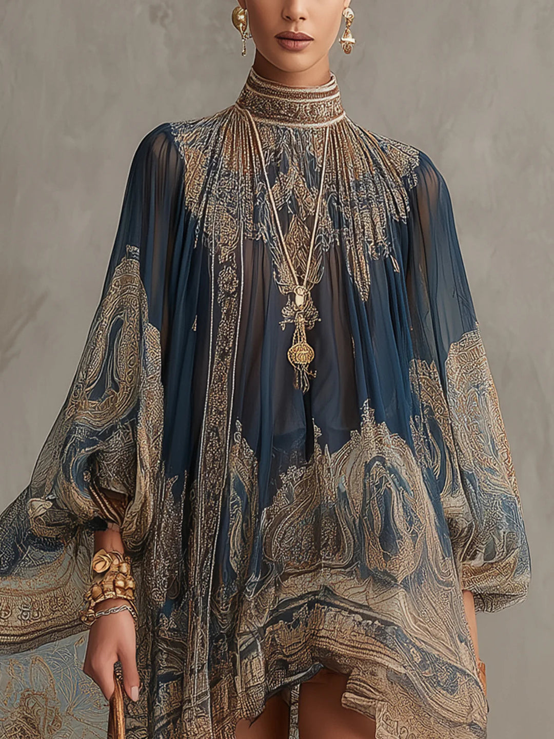 Marianna | Mini dress in navy blue chiffon with golden baroque print