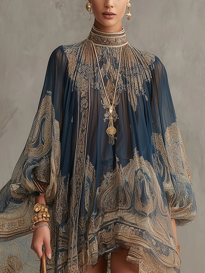 Marianna | Mini dress in navy blue chiffon with golden baroque print