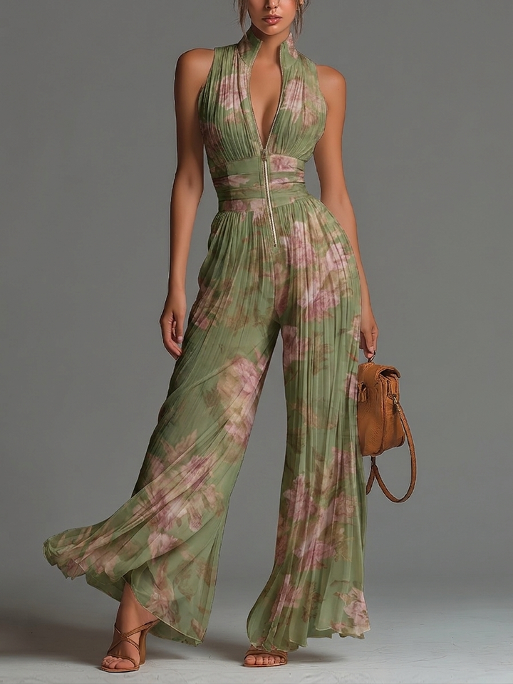 Floral Green Chiffon Jumpsuit with V-Neck, Sleeveless, with Zipper and Pleats, Wide Leg