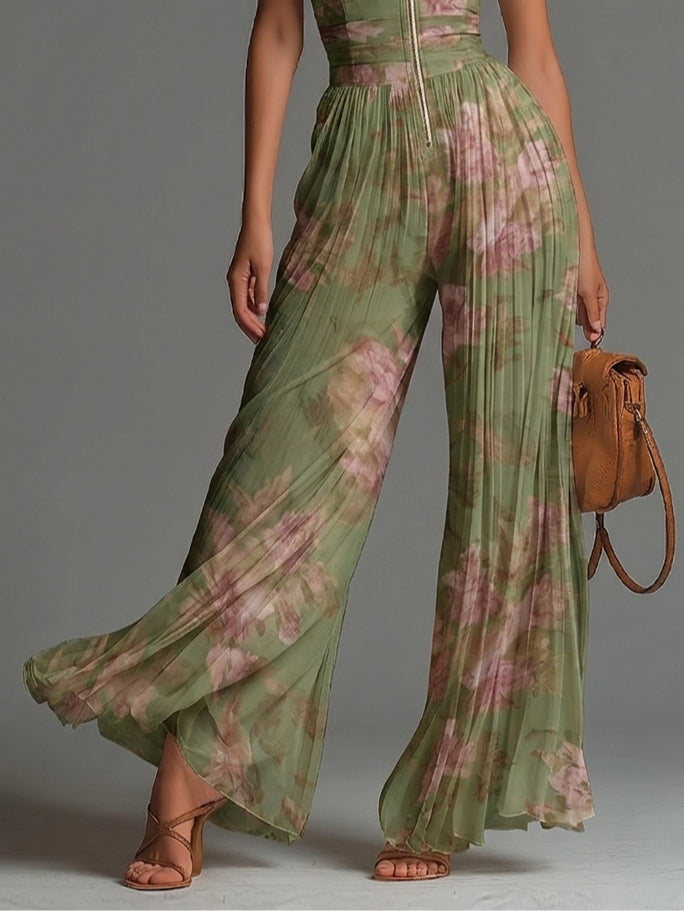 Floral Green Chiffon Jumpsuit with V-Neck, Sleeveless, with Zipper and Pleats, Wide Leg