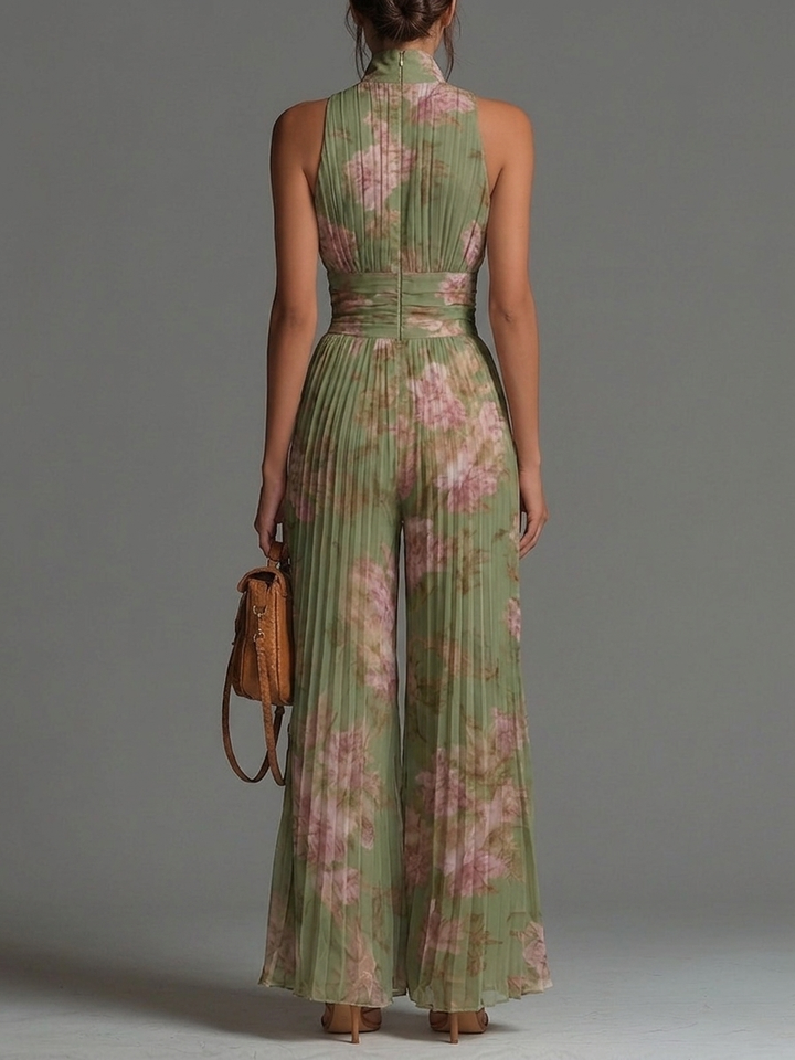 Floral Green Chiffon Jumpsuit with V-Neck, Sleeveless, with Zipper and Pleats, Wide Leg