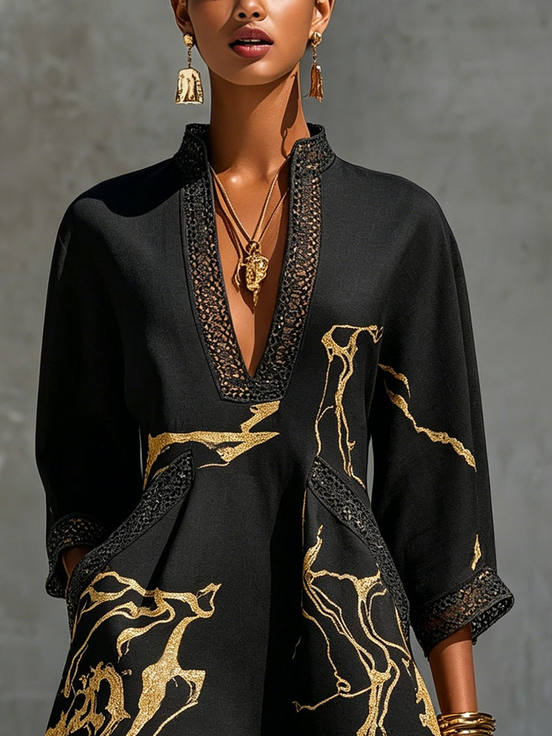 Donatella | Mini dress in black with golden marble print and crochet lace