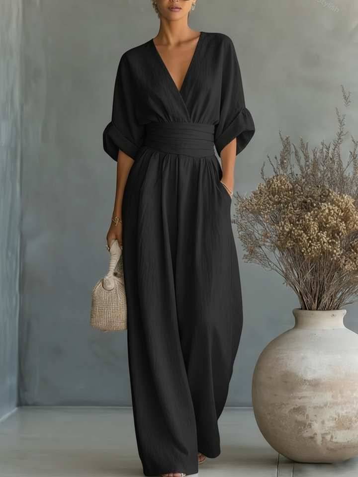Maja | Elegant V-Neckline High-Waisted Jumpsuit