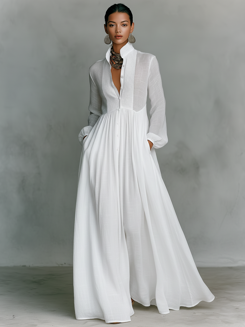 Sita | Maxi Dress with Patchwork, High Collar and Long Sleeves