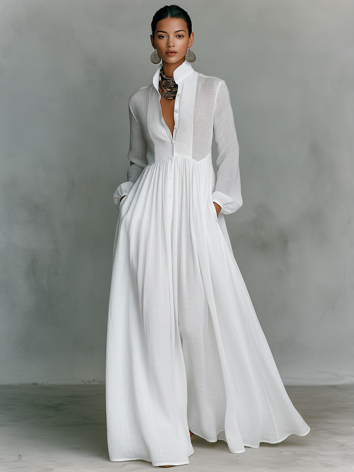 Sita | Maxi Dress with Patchwork, High Collar and Long Sleeves