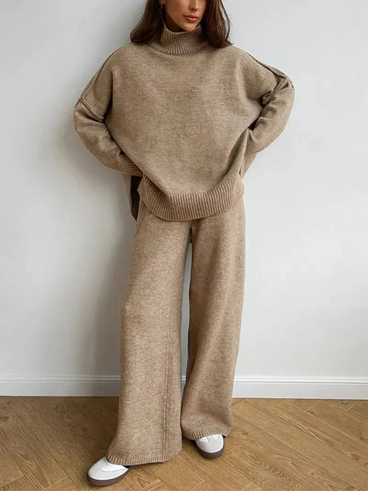 Abigail | Women's High Neck Knit Lounge Set with Wide Leg Trouser