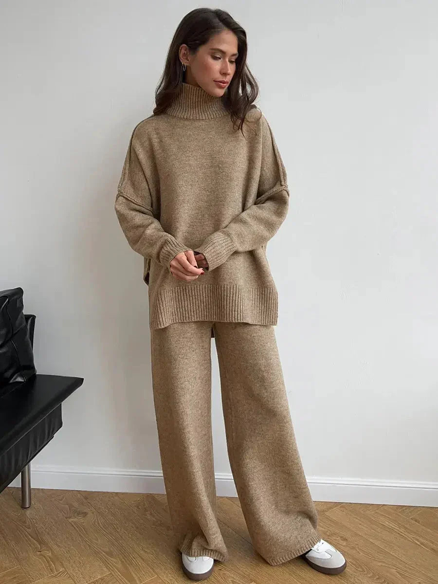 Abigail | Women's High Neck Knit Lounge Set with Wide Leg Trouser