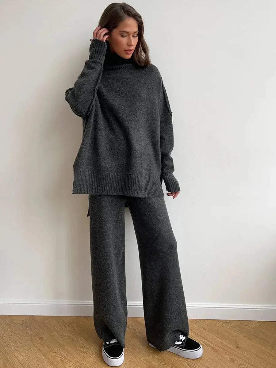 Abigail | Women's High Neck Knit Lounge Set with Wide Leg Trouser