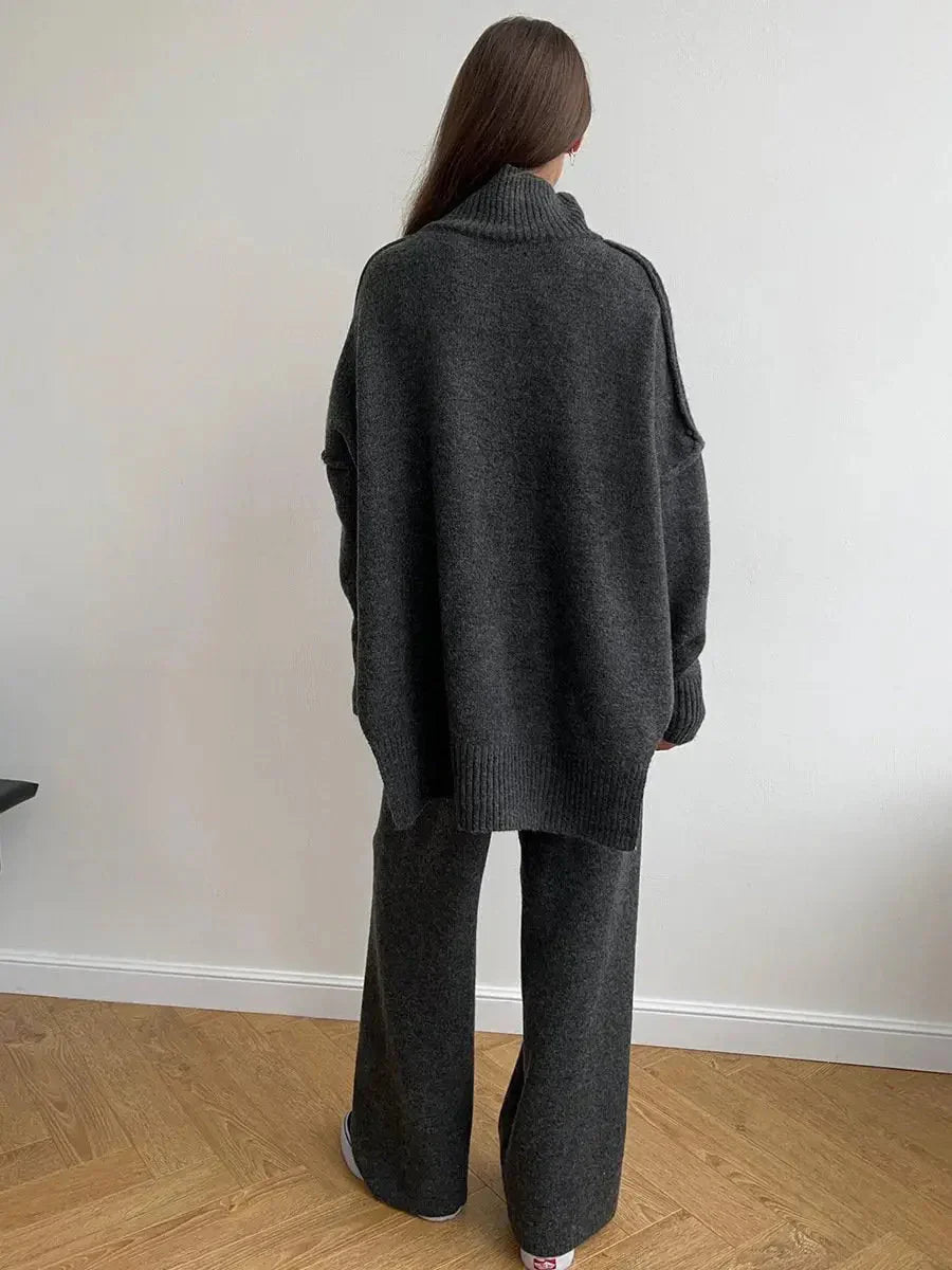Abigail | Women's High Neck Knit Lounge Set with Wide Leg Trouser