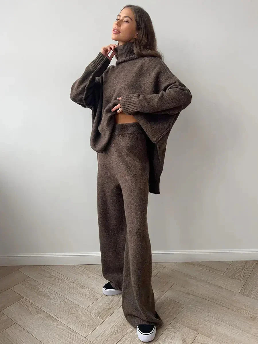 Abigail | Women's High Neck Knit Lounge Set with Wide Leg Trouser