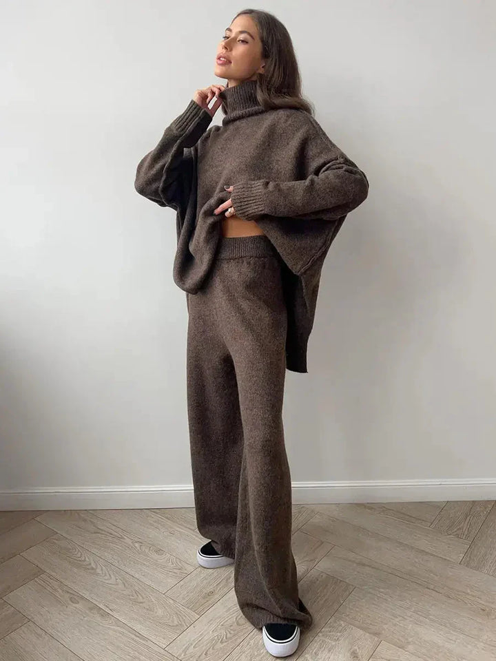 Abigail | Women's High Neck Knit Lounge Set with Wide Leg Trouser