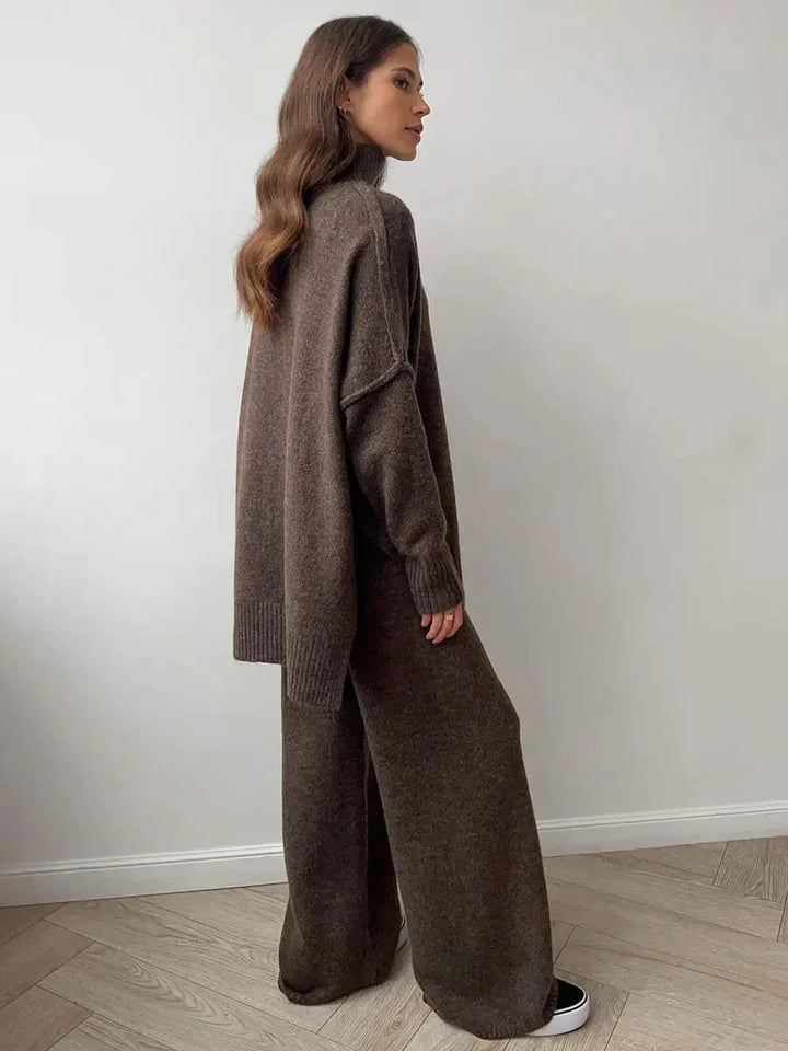 Abigail | Women's High Neck Knit Lounge Set with Wide Leg Trouser