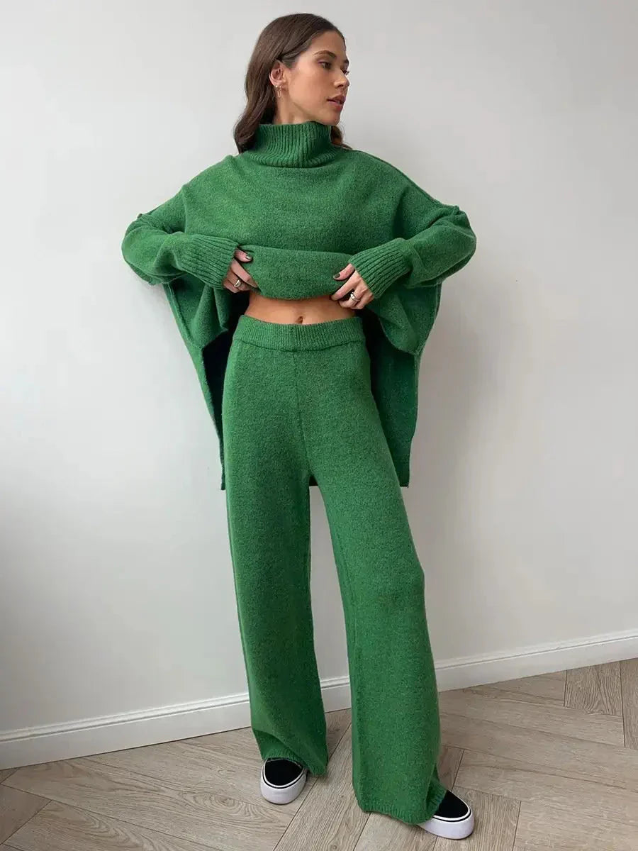 Abigail | Women's High Neck Knit Lounge Set with Wide Leg Trouser