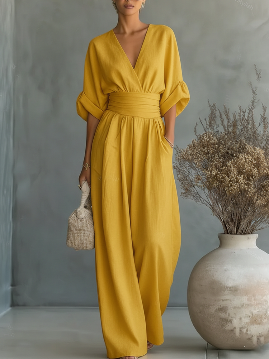 Maja | Elegant V-Neckline High-Waisted Jumpsuit