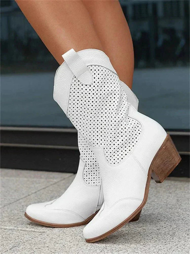 Audrey | Women's Block Heel Perforated Western Ankle Boots with Side Zip