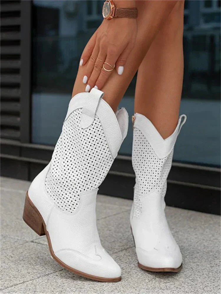 Audrey | Women's Block Heel Perforated Western Ankle Boots with Side Zip