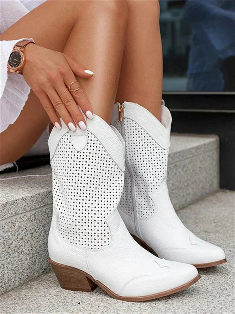 Audrey | Women's Block Heel Perforated Western Ankle Boots with Side Zip