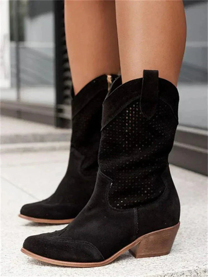 Audrey | Women's Block Heel Perforated Western Ankle Boots with Side Zip