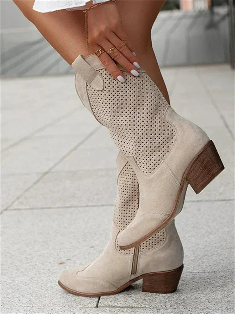 Audrey | Women's Block Heel Perforated Western Ankle Boots with Side Zip