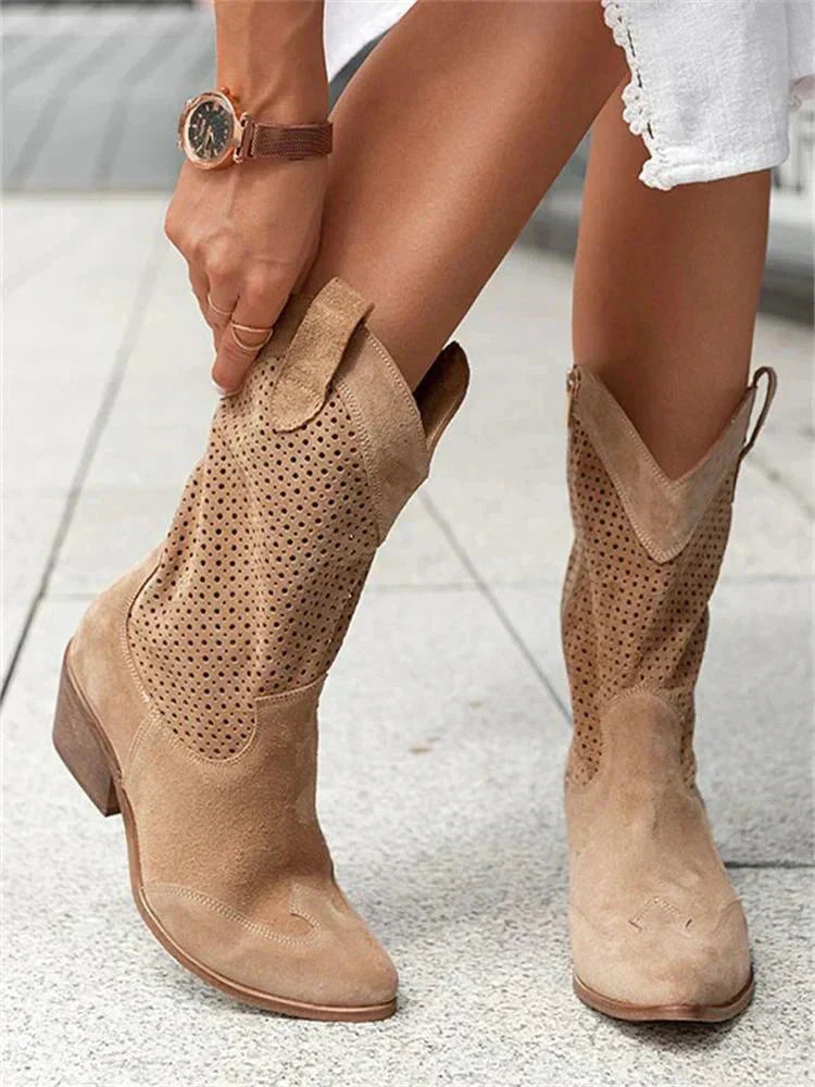 Audrey | Women's Block Heel Perforated Western Ankle Boots with Side Zip