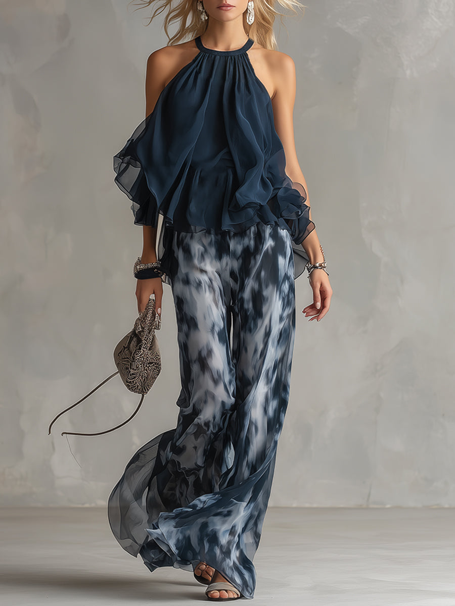Ludovica | Elegant Set with High-Neckline Top and Wide-Cut Printed Trousers