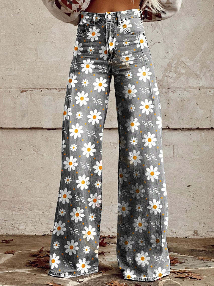 Denise | Women's Wide Leg Floral Jeans with Elasticated Waist