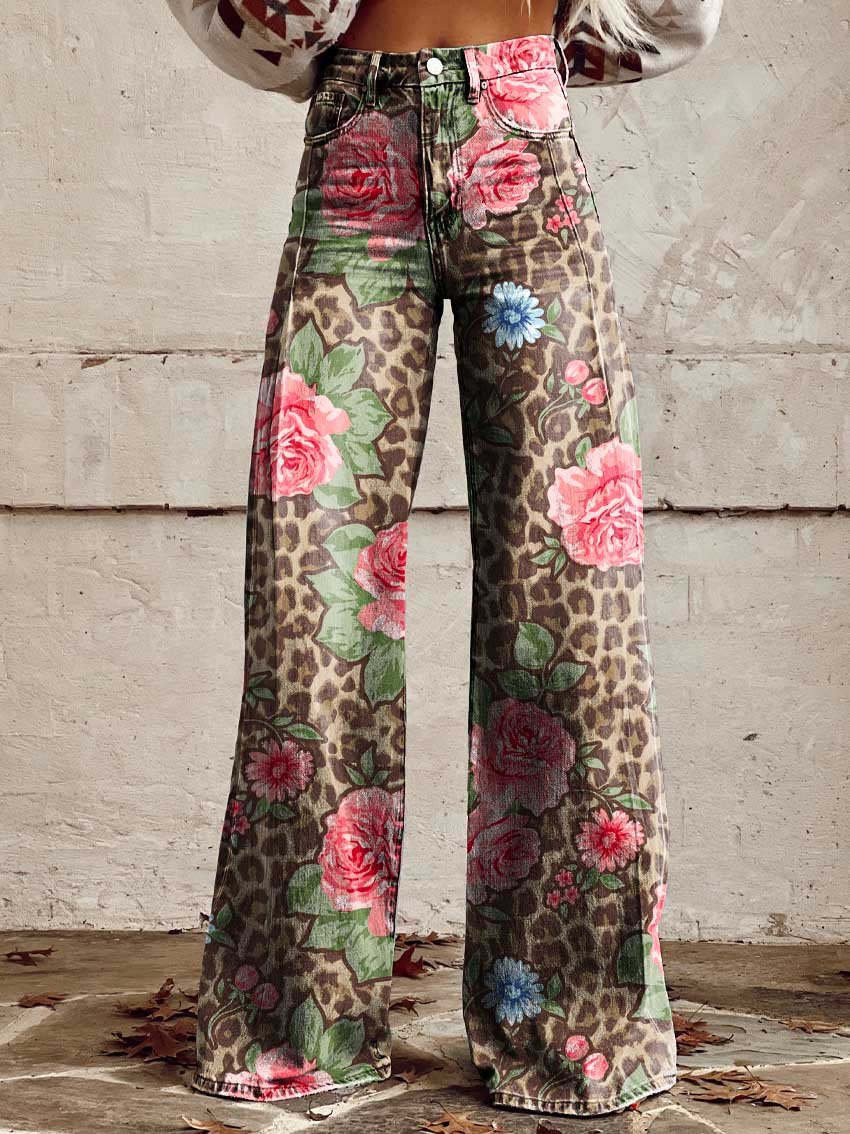 Denise | Women's Wide Leg Floral Jeans with Elasticated Waist