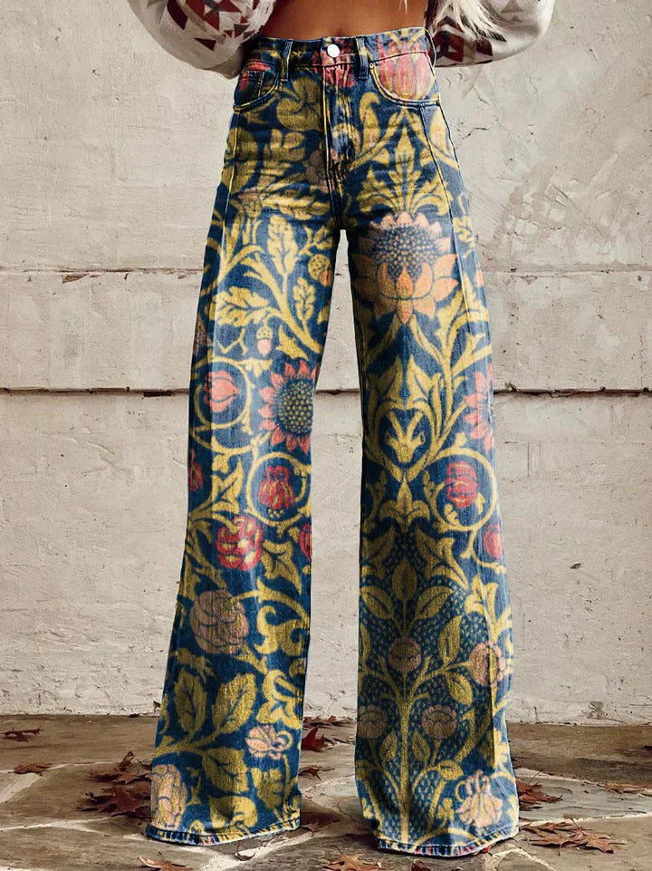 Denise | Women's Wide Leg Floral Jeans with Elasticated Waist