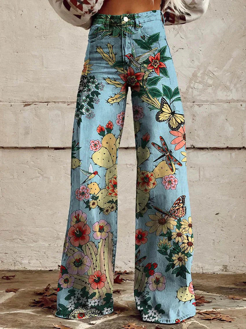Denise | Women's Wide Leg Floral Jeans with Elasticated Waist