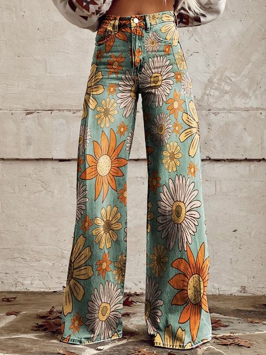 Denise | Women's Wide Leg Floral Jeans with Elasticated Waist