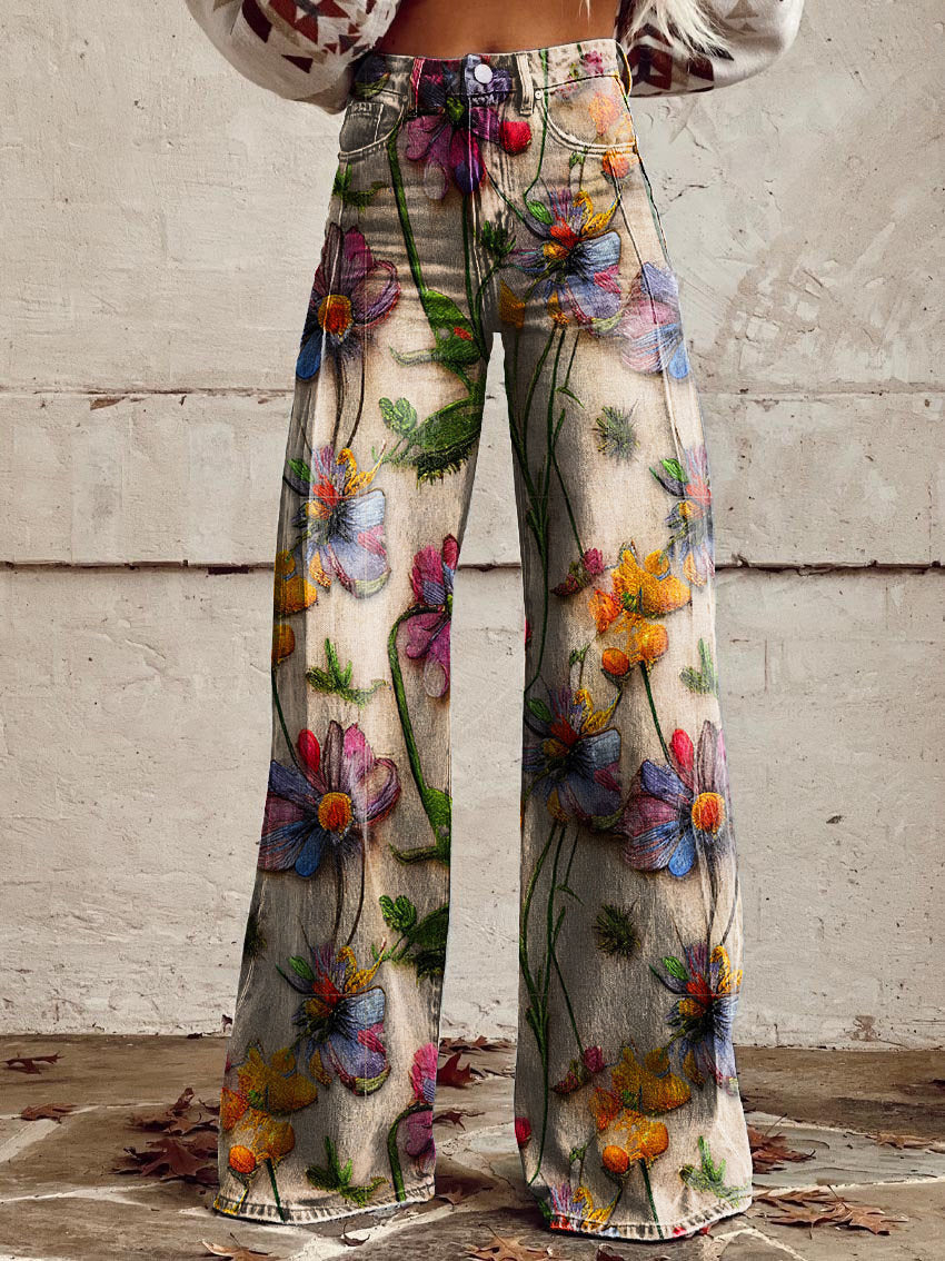 Denise | Women's Wide Leg Floral Jeans with Elasticated Waist