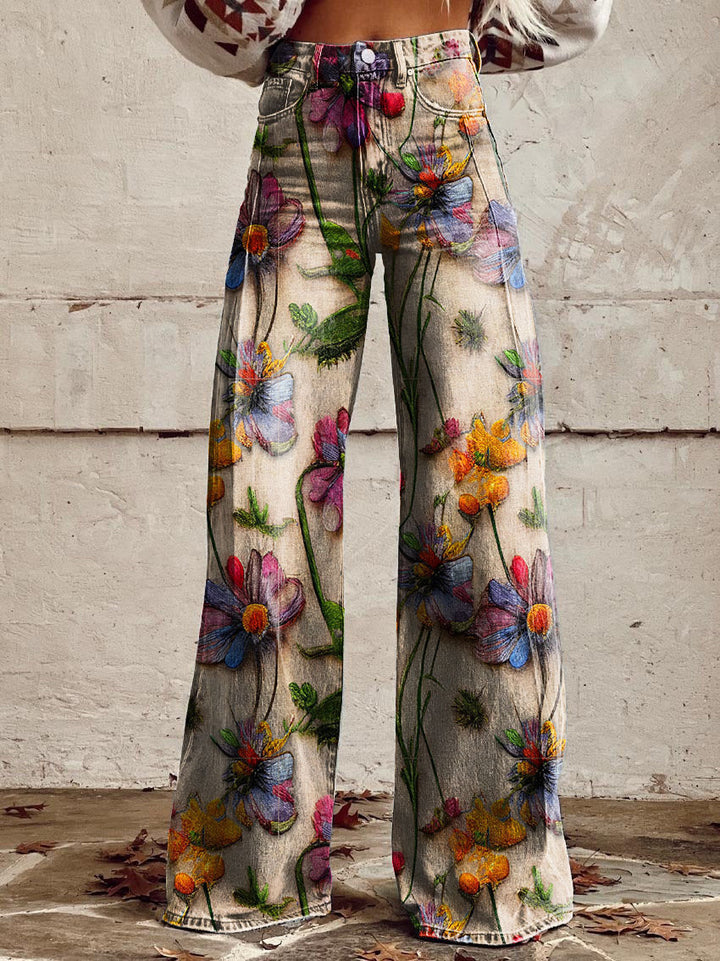Denise | Women's Wide Leg Floral Jeans with Elasticated Waist