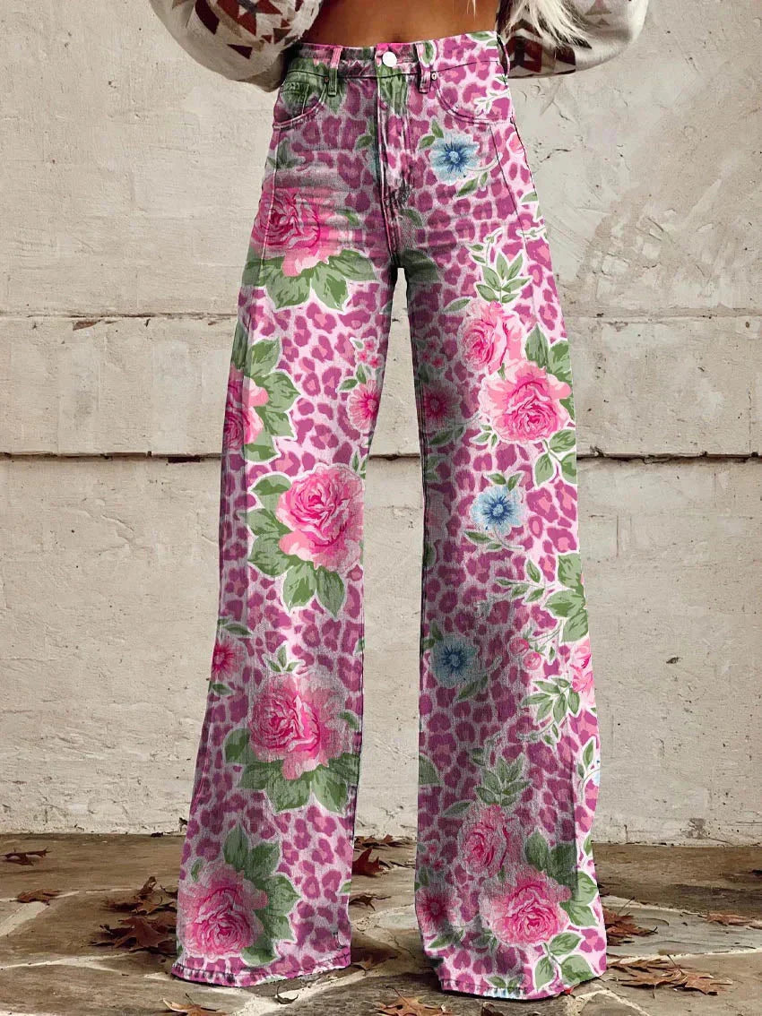 Denise | Women's Wide Leg Floral Jeans with Elasticated Waist