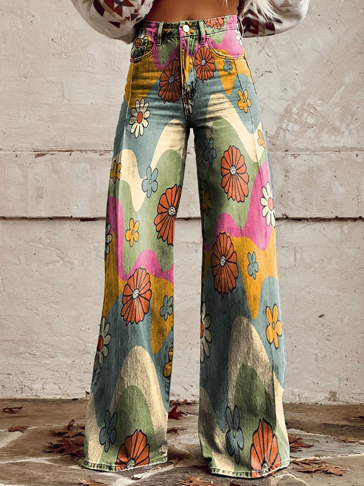 Denise | Women's Wide Leg Floral Jeans with Elasticated Waist