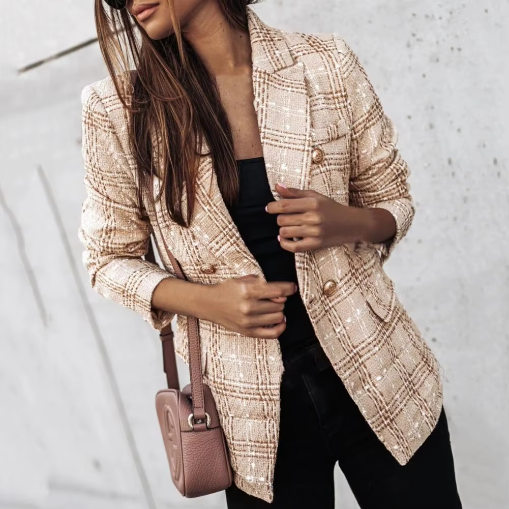 Avery™ - Modern Plaid Print Double Breasted Spring Blazer