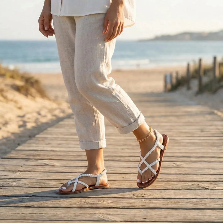 Edith | Women's Flat Braided Sandals with Strappy Upper and Elasticated Heel