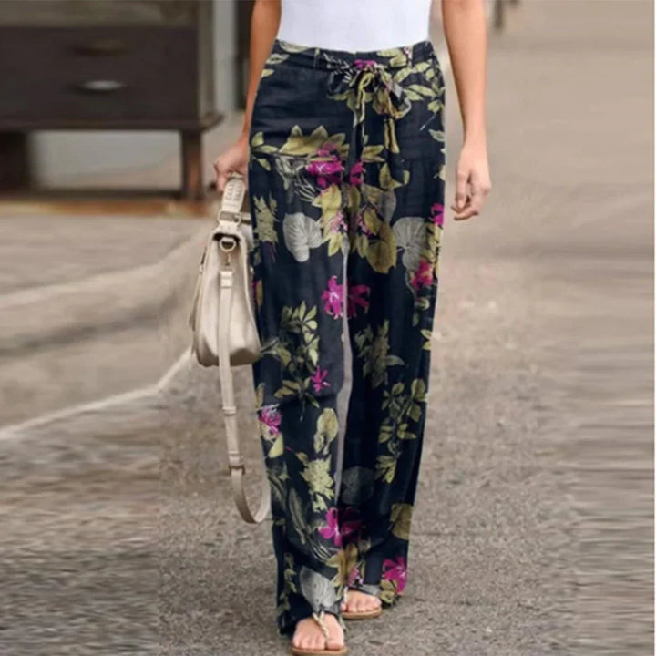 Evie | Women's Wide Leg Floral Trouser with Tie Waist