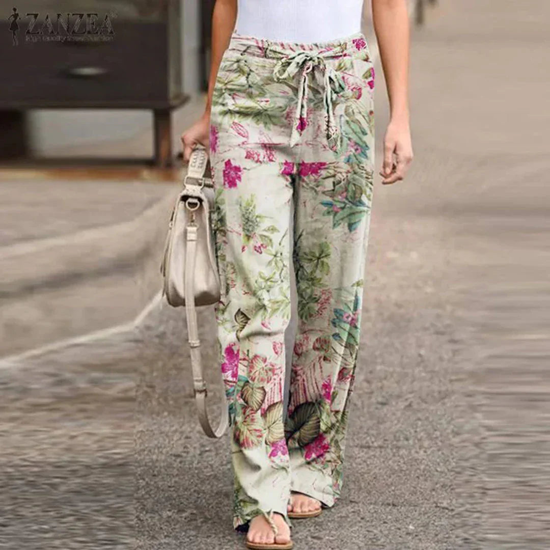Evie | Women's Wide Leg Floral Trouser with Tie Waist
