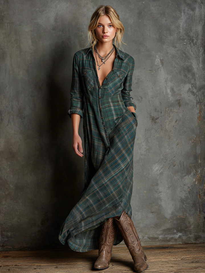 AliceLeon™ | Maxi Dress with Plaid and Collar