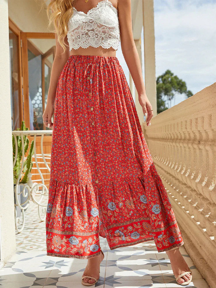 Faye | Women's Floral Bohemian Skirt with Button Front and Drawstring Waist